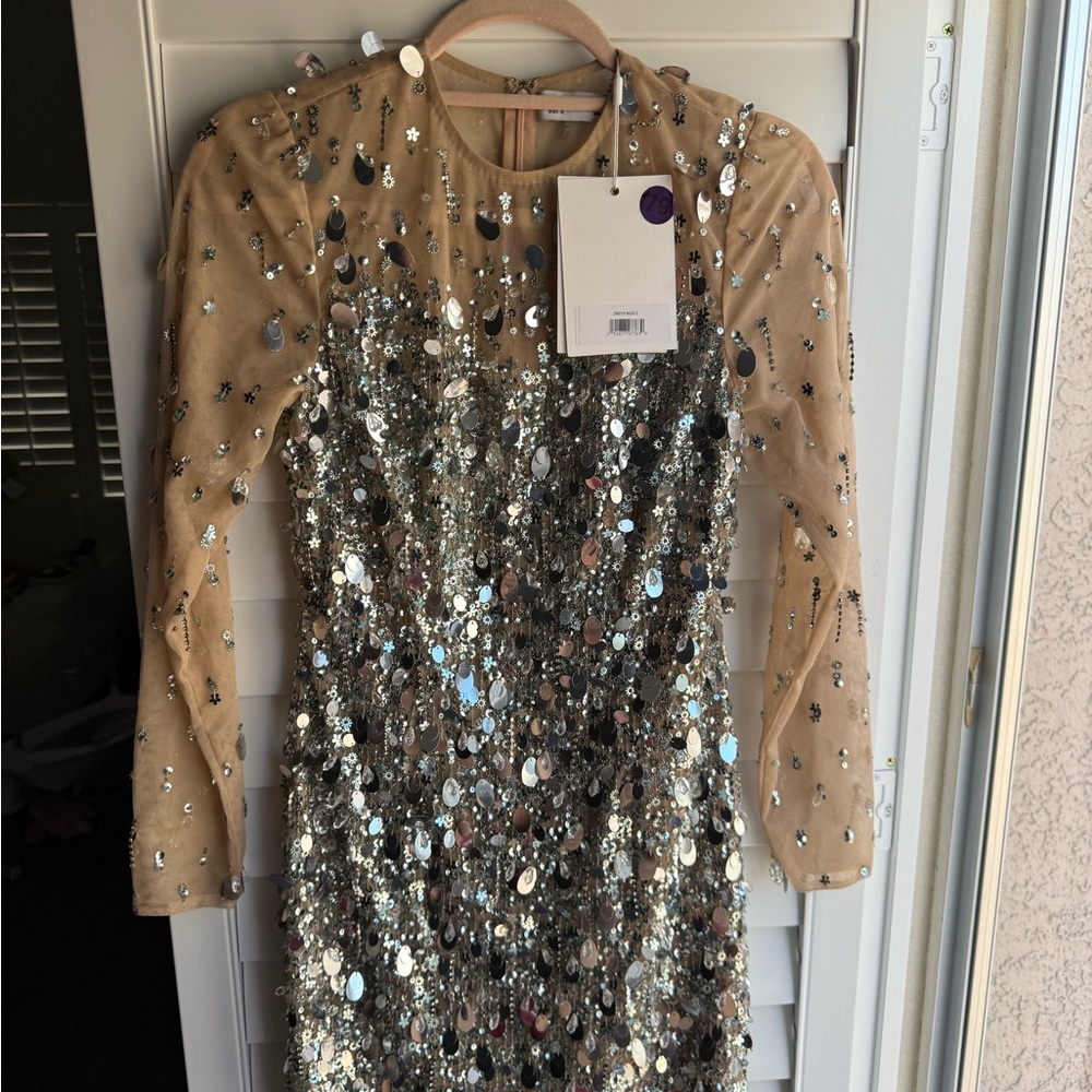 Mac Duggal 24019 Short Sequin Embellished Nude Mesh Dress – Size 2 (NWT)